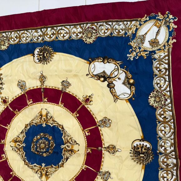 Large Silk Scarf in red, beige and blue - Picture 3 of 4